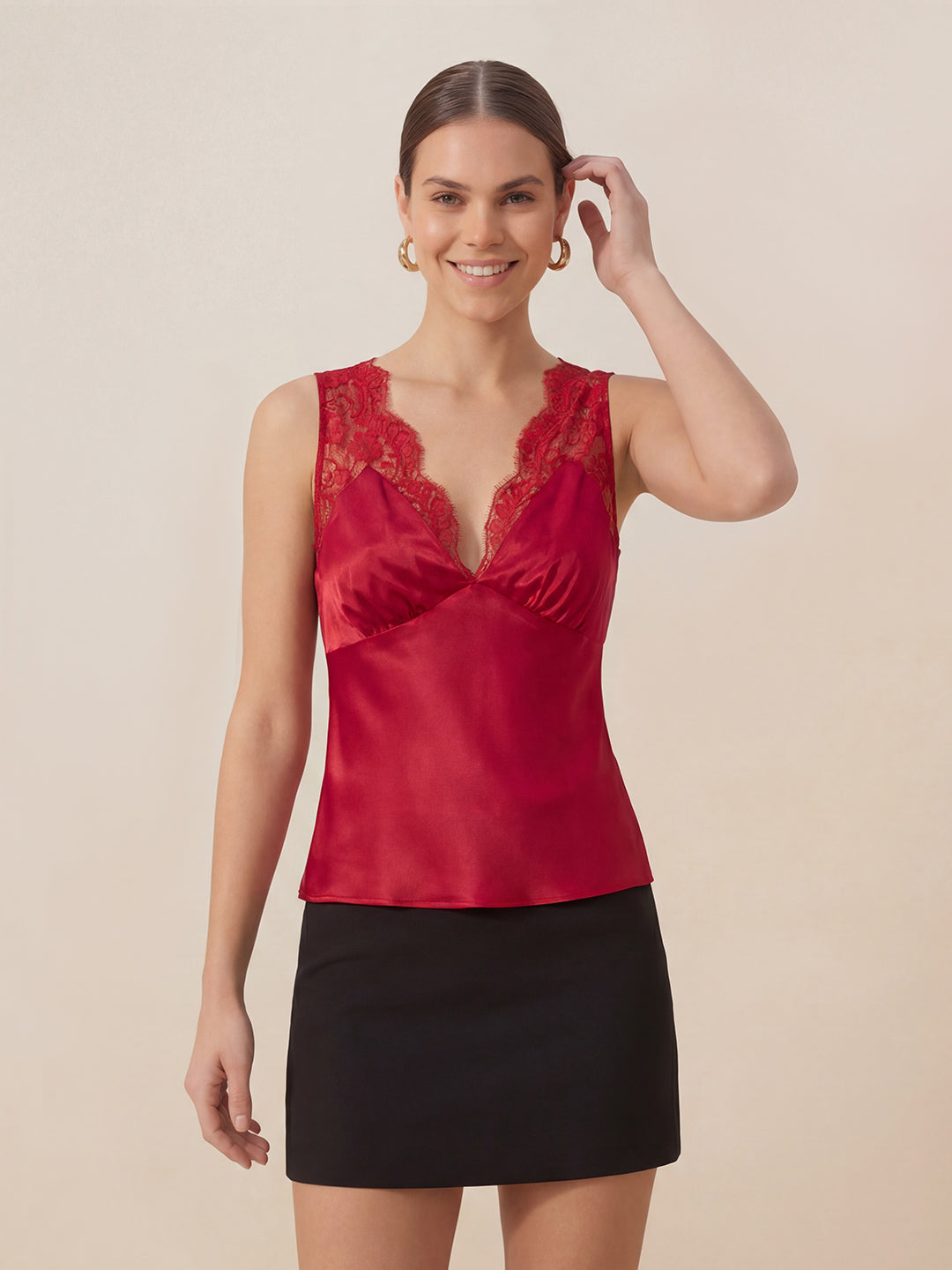 Valentine's Day Exclusive -Lace-Trim Silk V-Neck Camisole Top
