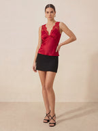 Valentine's Day Exclusive -Lace-Trim Silk V-Neck Camisole Top