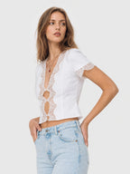 Lace-Trim Linen V-Neck Cap Sleeve Top