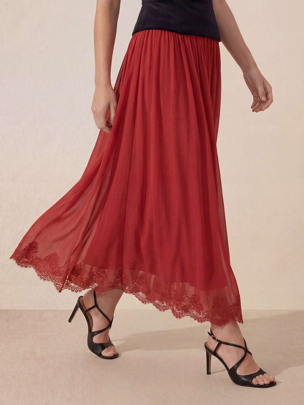 Valentine's Day Exclusive -Lace-Trim Low-Rise Flare Maxi Skirt