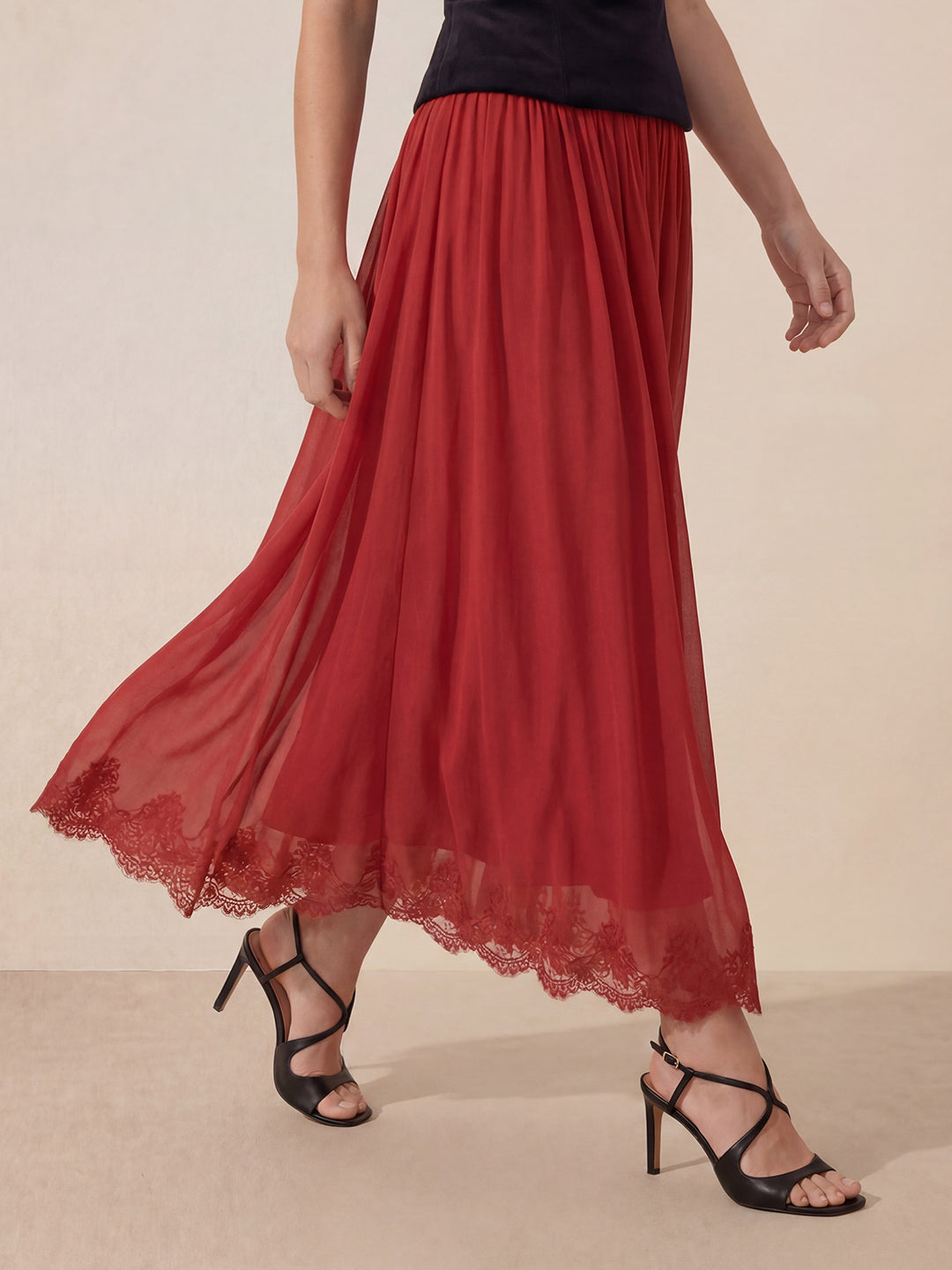 Valentine's Day Exclusive -Lace-Trim Low-Rise Flare Maxi Skirt