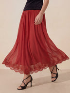 Valentine's Day Exclusive -Lace-Trim Low-Rise Flare Maxi Skirt