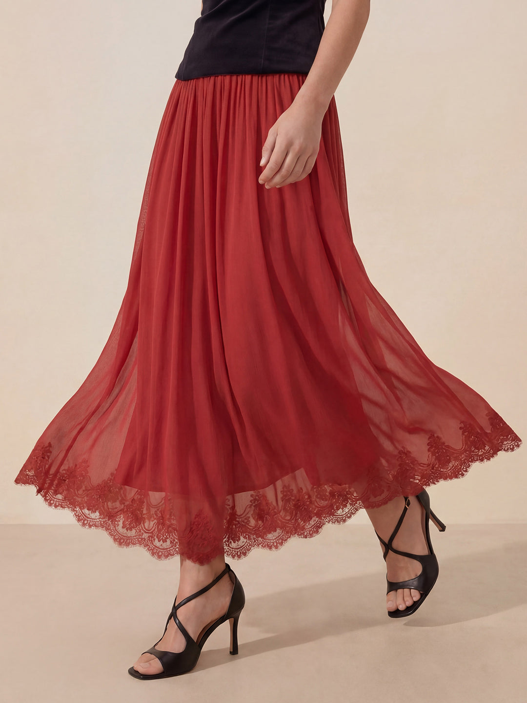 Valentine's Day Exclusive -Lace-Trim Low-Rise Flare Maxi Skirt