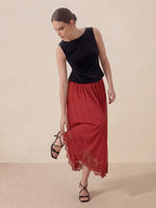 Valentine's Day Exclusive -Lace-Trim Low-Rise Flare Maxi Skirt