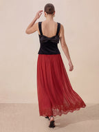 Valentine's Day Exclusive -Lace-Trim Low-Rise Flare Maxi Skirt