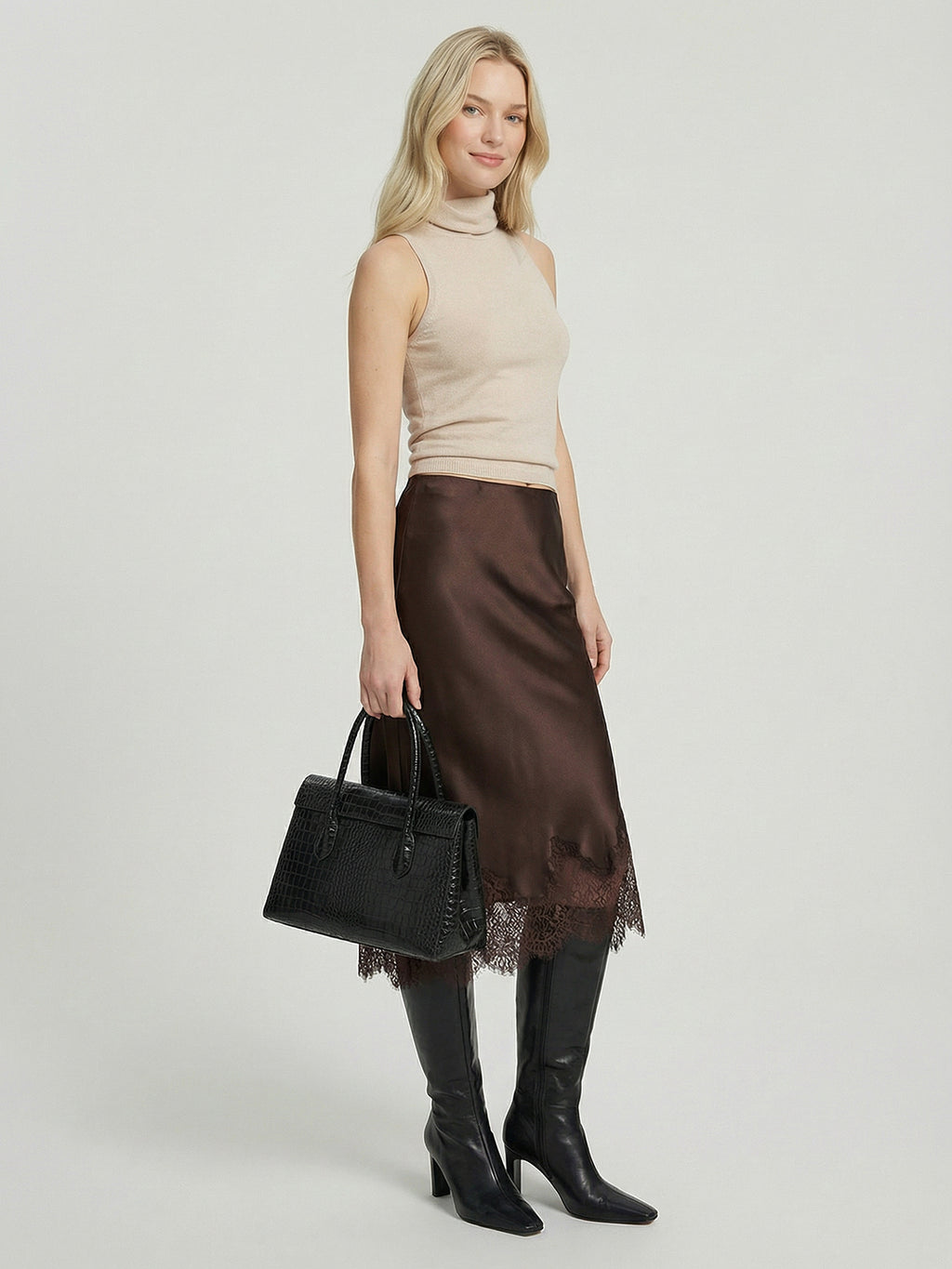 Lace-trimmed silk dress