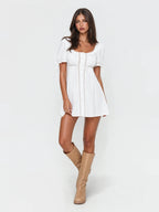 Lace Panel Puff Sleeve Cotton Mini Dress