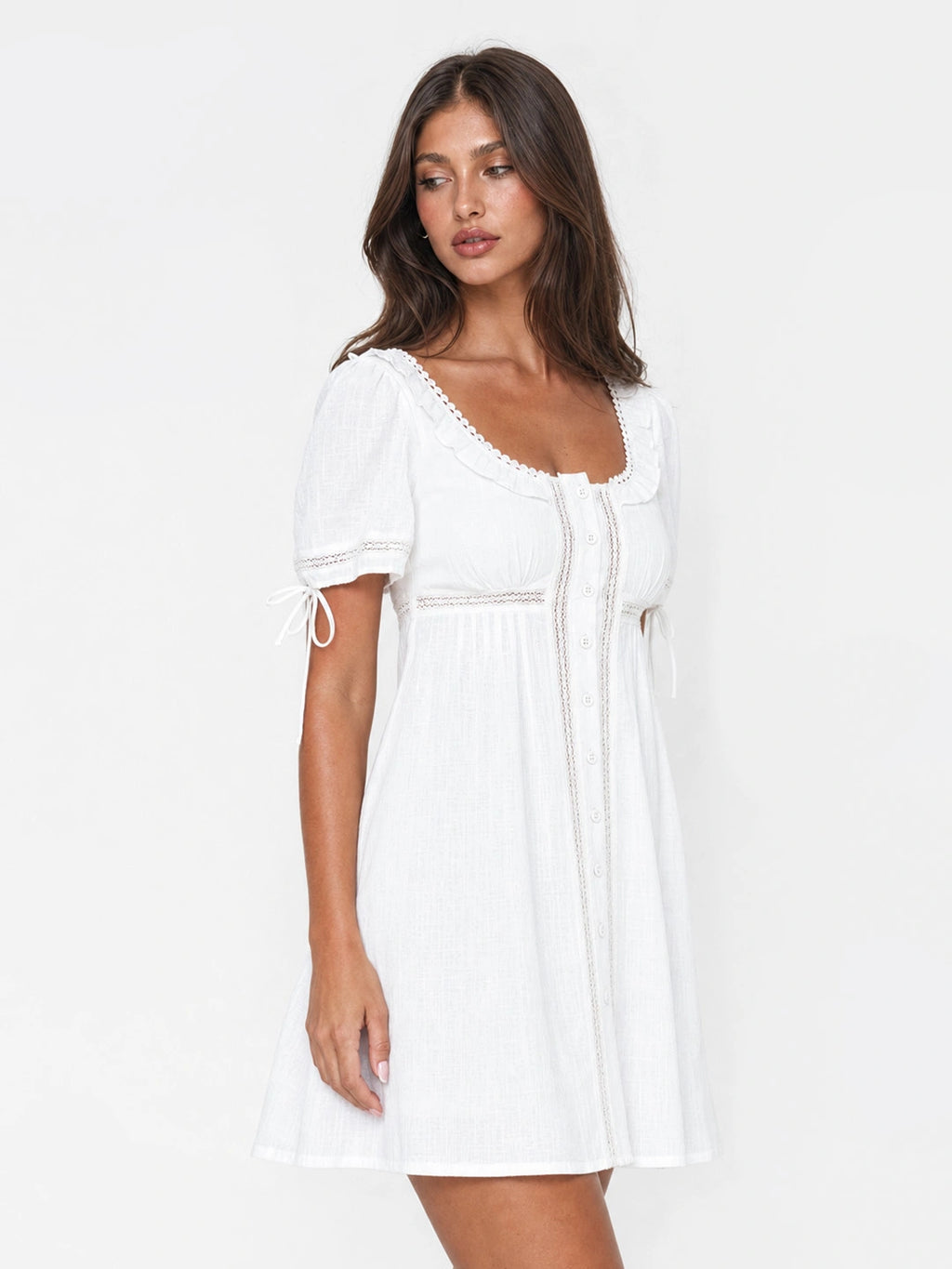 Lace Panel Puff Sleeve Cotton Mini Dress