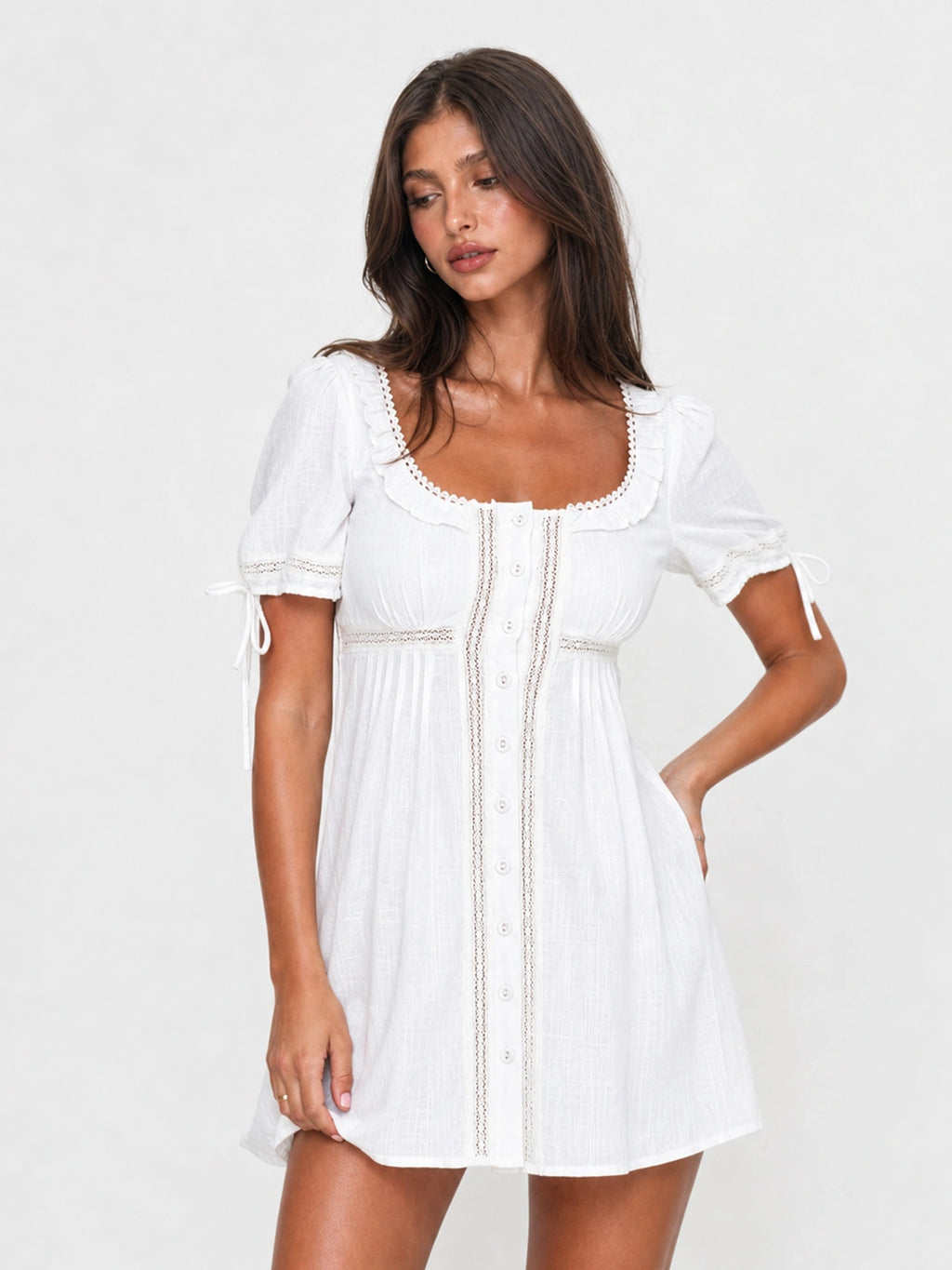 Lace Panel Puff Sleeve Cotton Mini Dress