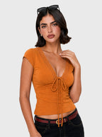 Lace Trim V-Neck Tie-Front Tee