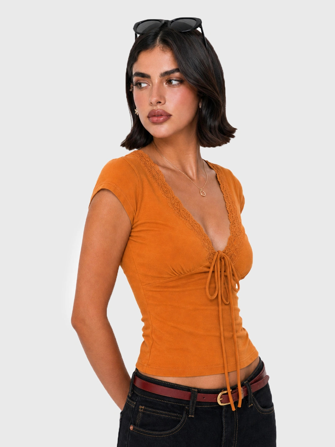 Lace Trim V-Neck Tie-Front Tee