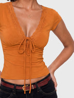 Lace Trim V-Neck Tie-Front Tee