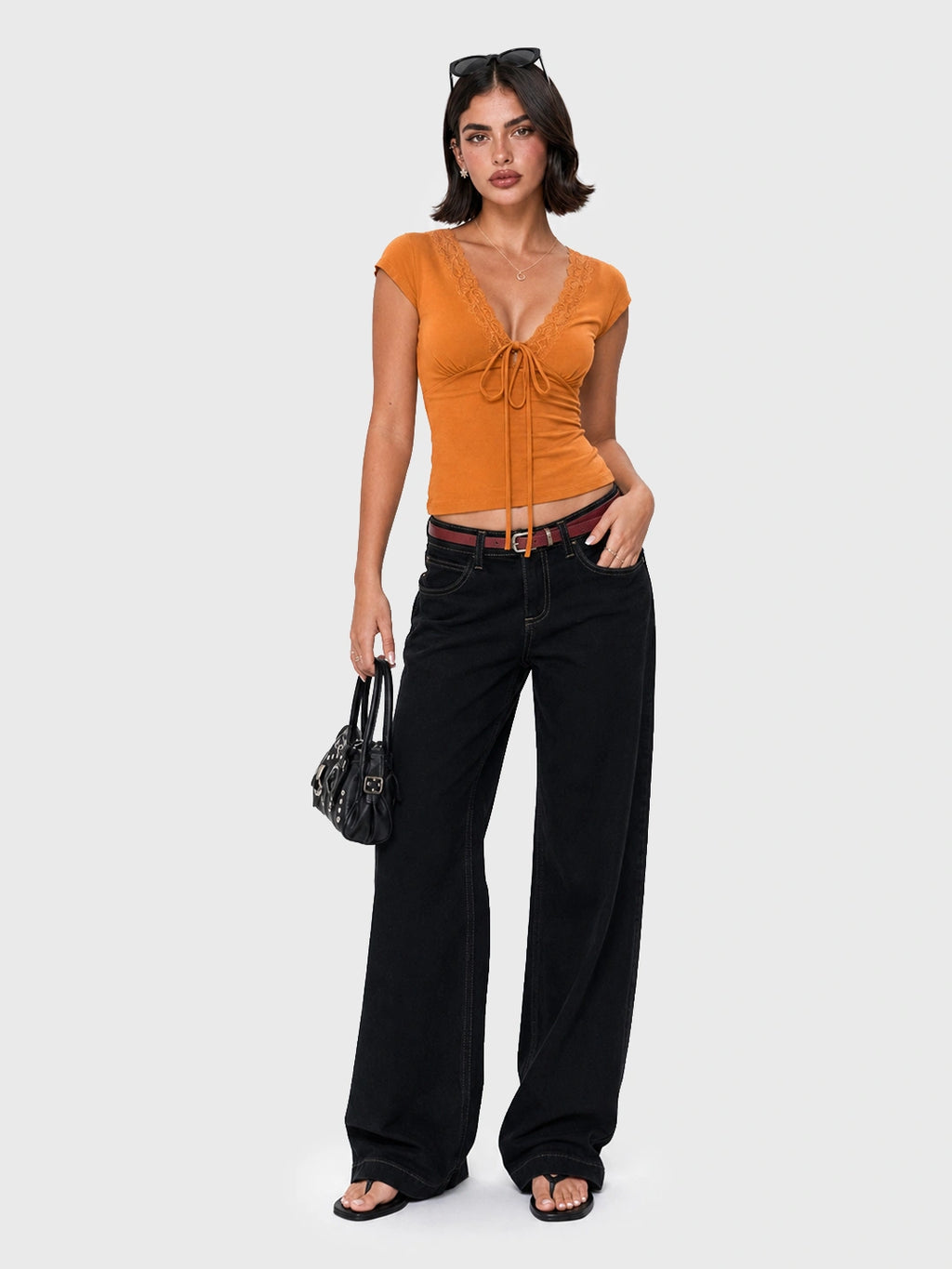 Lace Trim V-Neck Tie-Front Tee