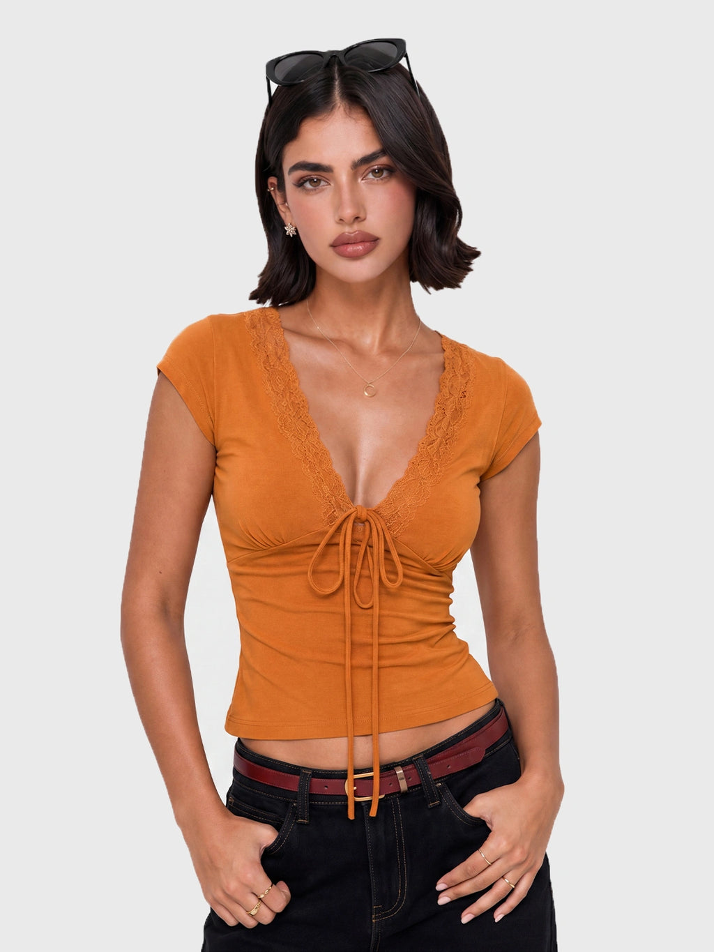Lace Trim V-Neck Tie-Front Tee