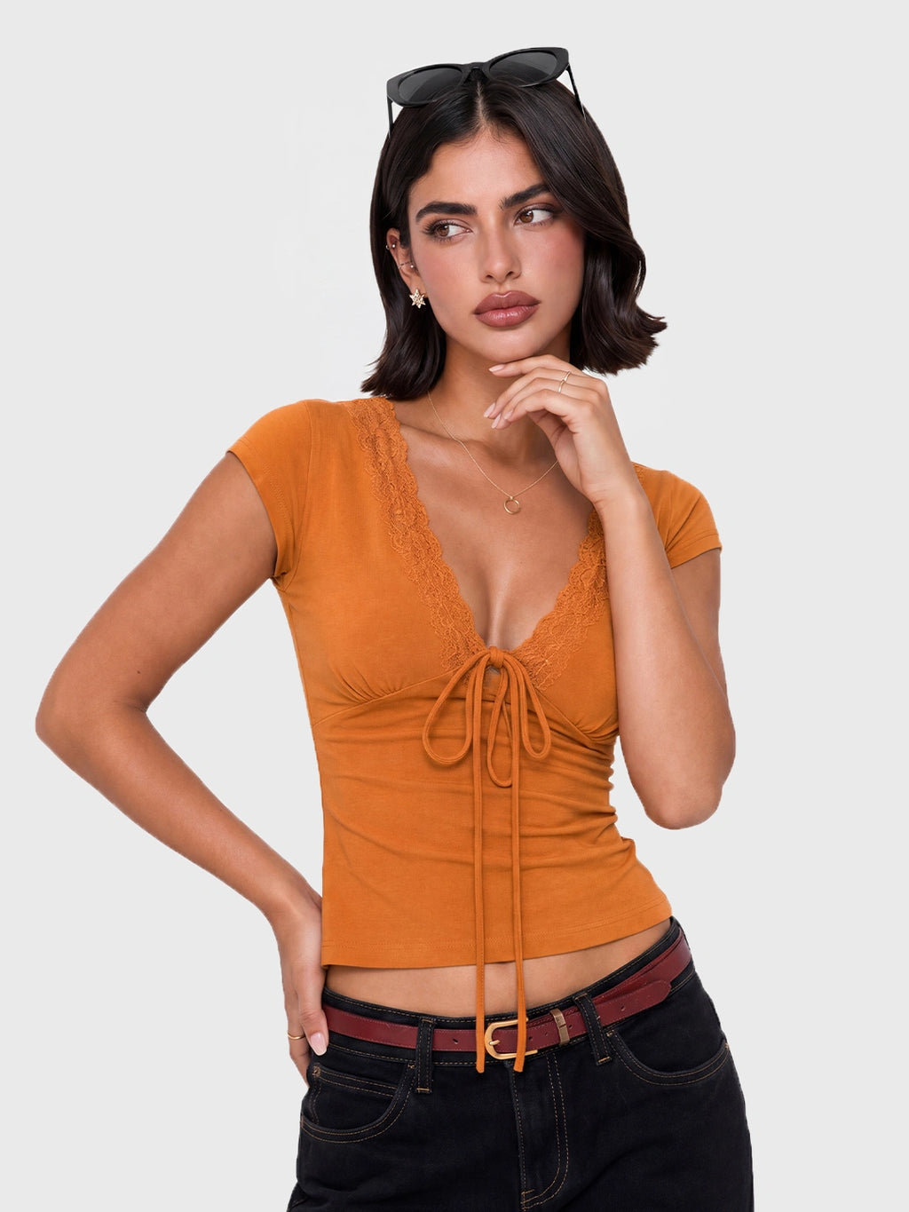 Lace Trim V-Neck Tie-Front Tee
