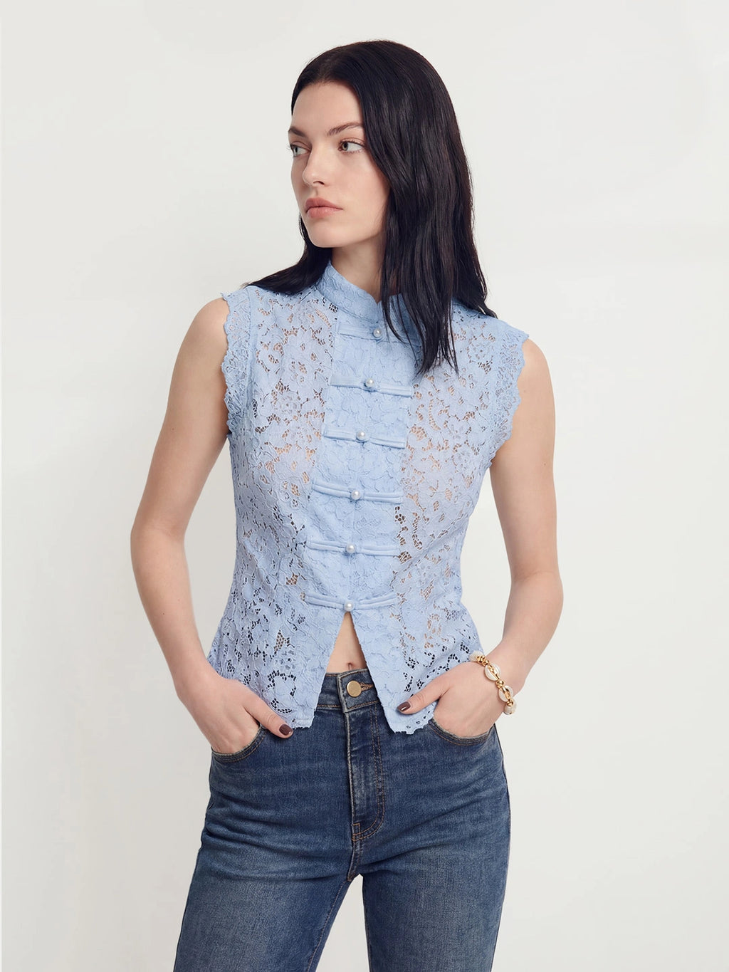Mandarin Collar Lace Sleeveless Top