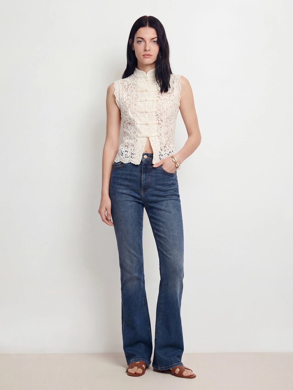 Mandarin Collar Lace Sleeveless Top