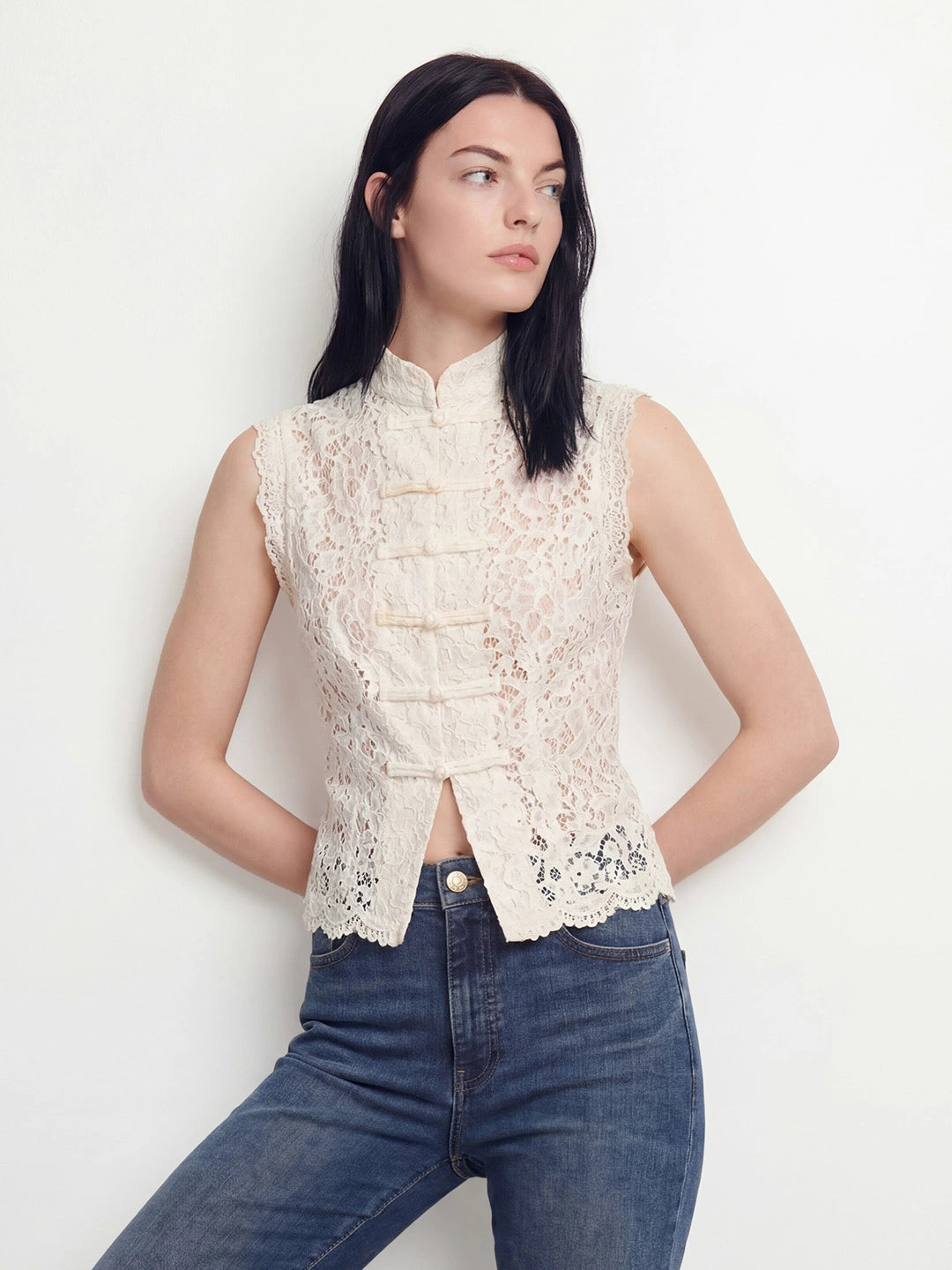 Mandarin Collar Lace Sleeveless Top