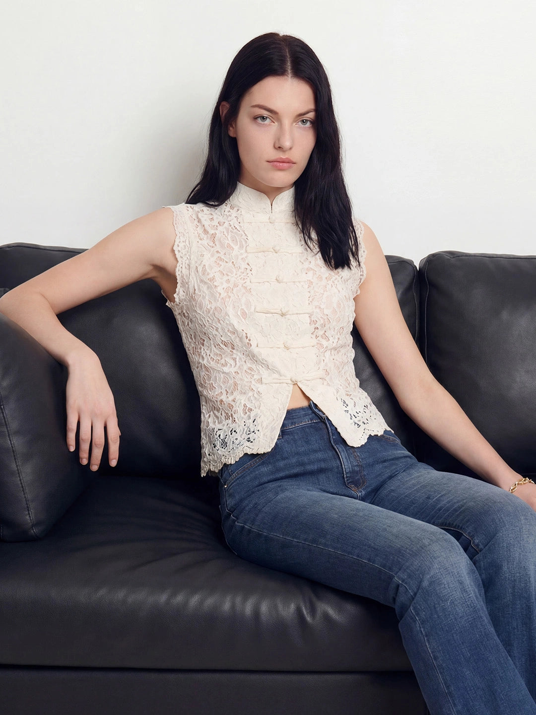 Mandarin Collar Lace Sleeveless Top