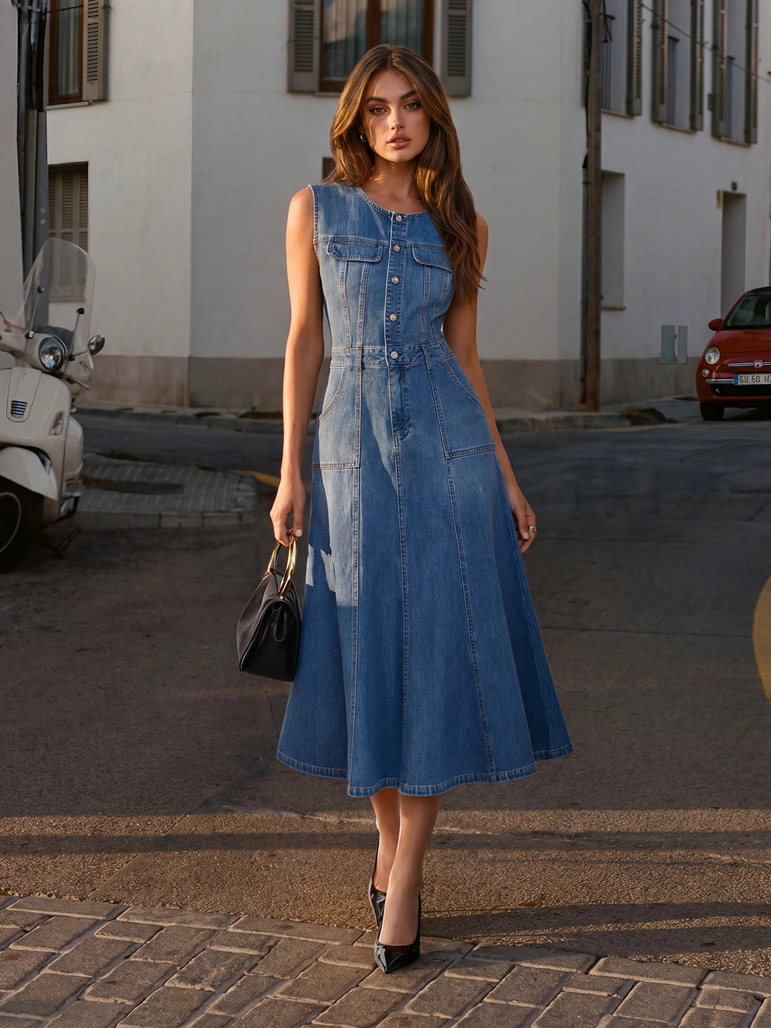 Mermaid Hem Button-Up Denim Midi Dress