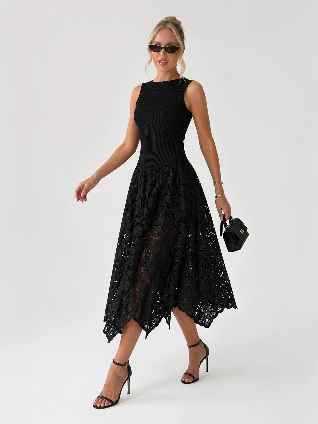 Mixed Media Lace Panel Maxi Dress