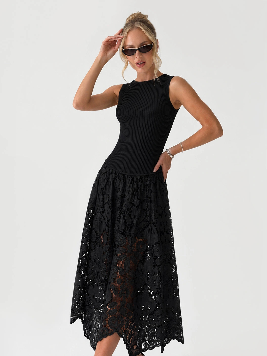 Mixed Media Lace Panel Maxi Dress