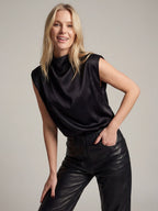 Mock Neck Satin Tank Top With Shoulder Pads