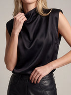 Mock Neck Satin Tank Top With Shoulder Pads