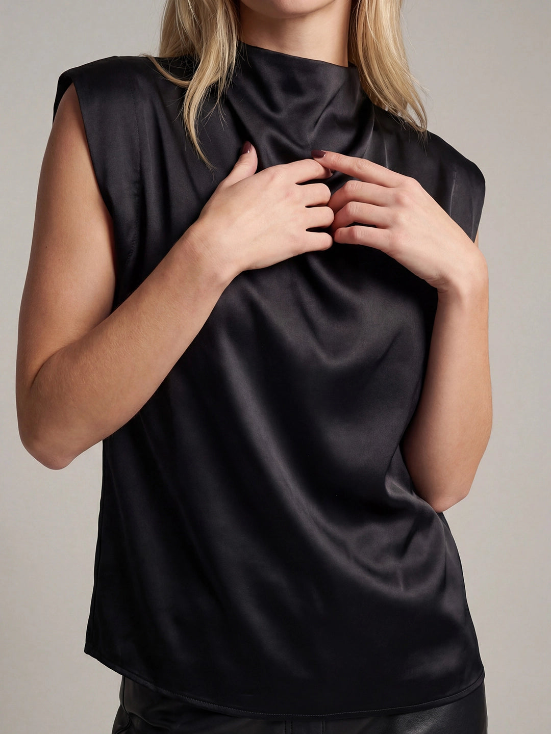 Mock Neck Satin Tank Top With Shoulder Pads