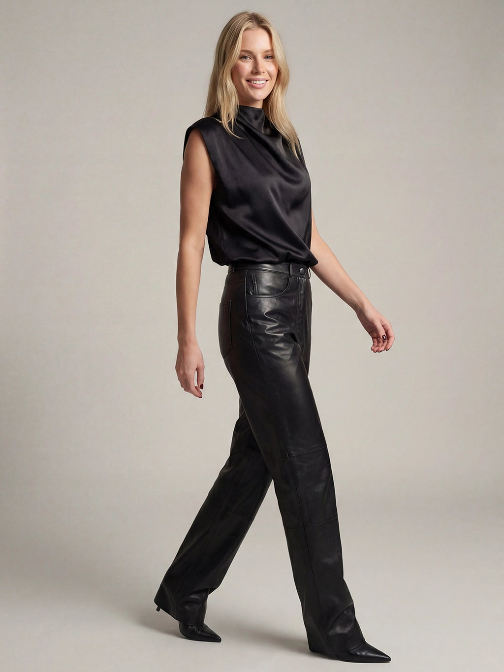 Mock Neck Satin Tank Top With Shoulder Pads