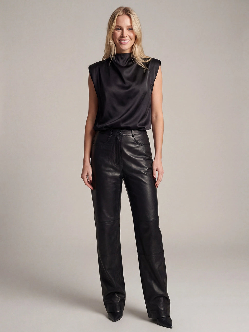 Mock Neck Satin Tank Top With Shoulder Pads