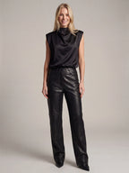 Mock Neck Satin Tank Top With Shoulder Pads