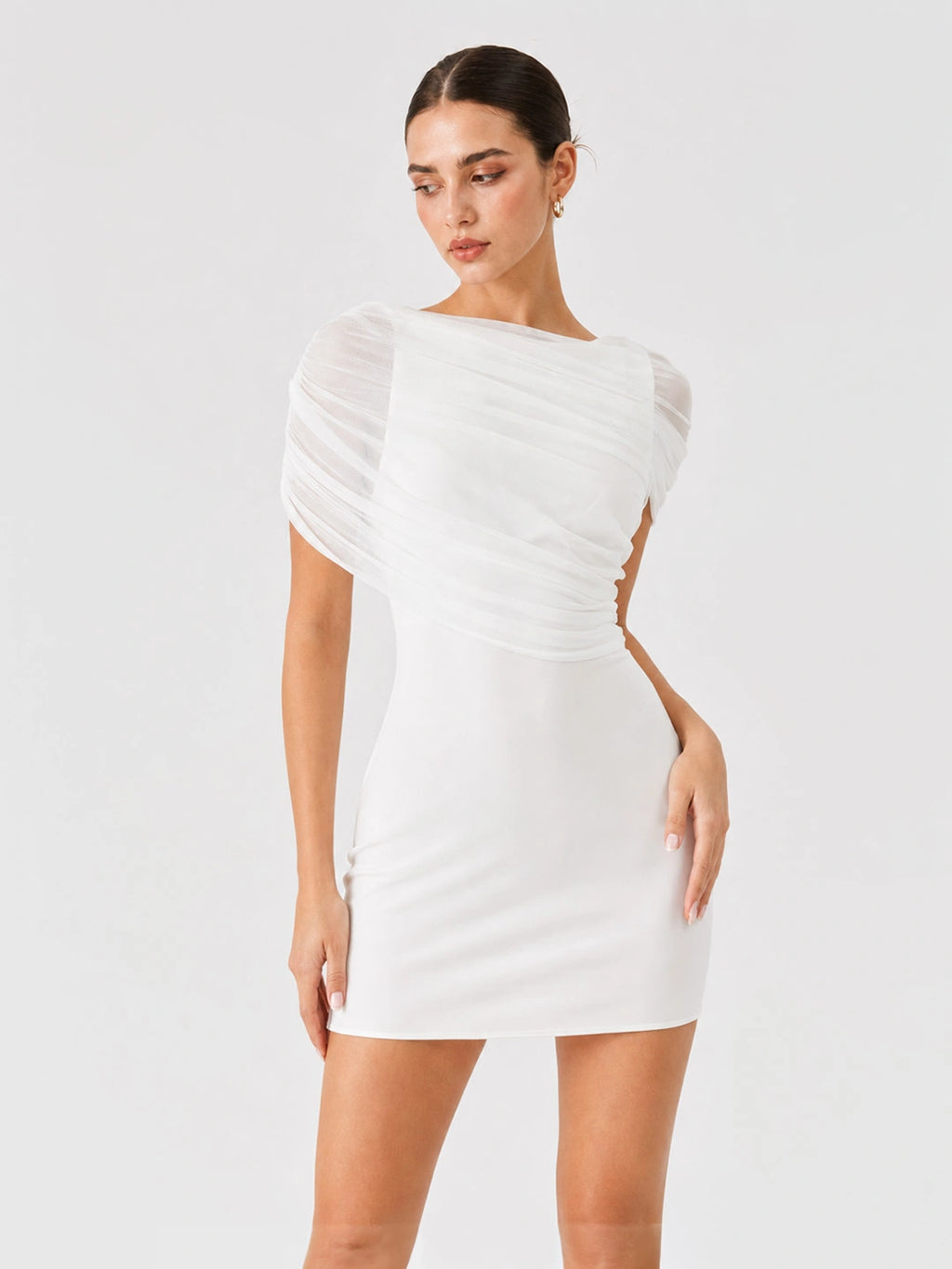Off-Shoulder Ruched Mesh Mini Bodycon Dress