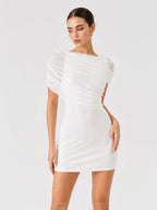 Off-Shoulder Ruched Mesh Mini Bodycon Dress