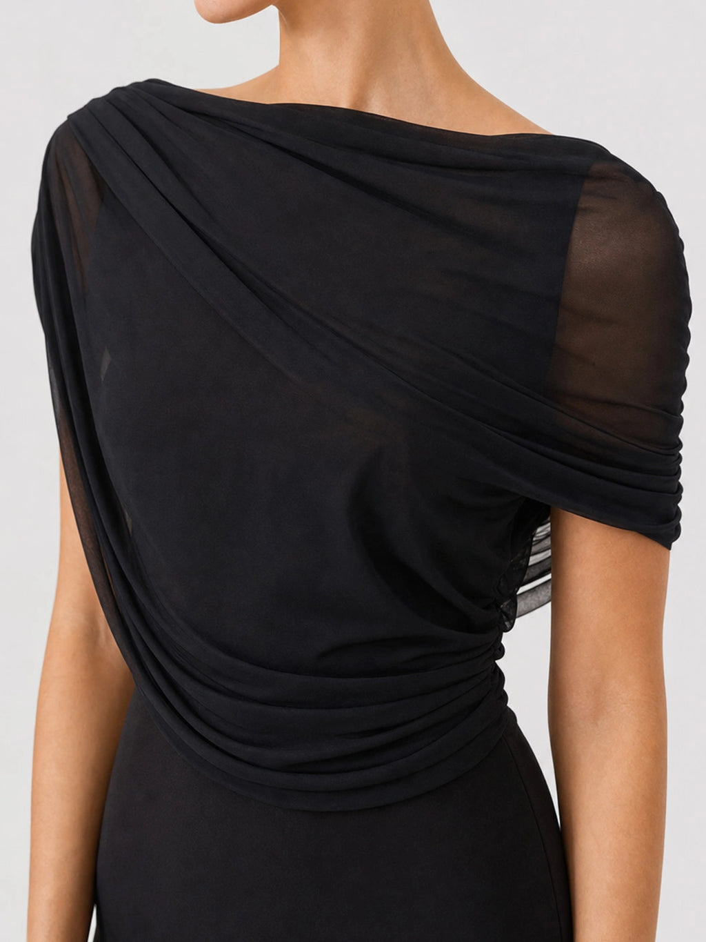 Off-Shoulder Ruched Mesh Mini Bodycon Dress