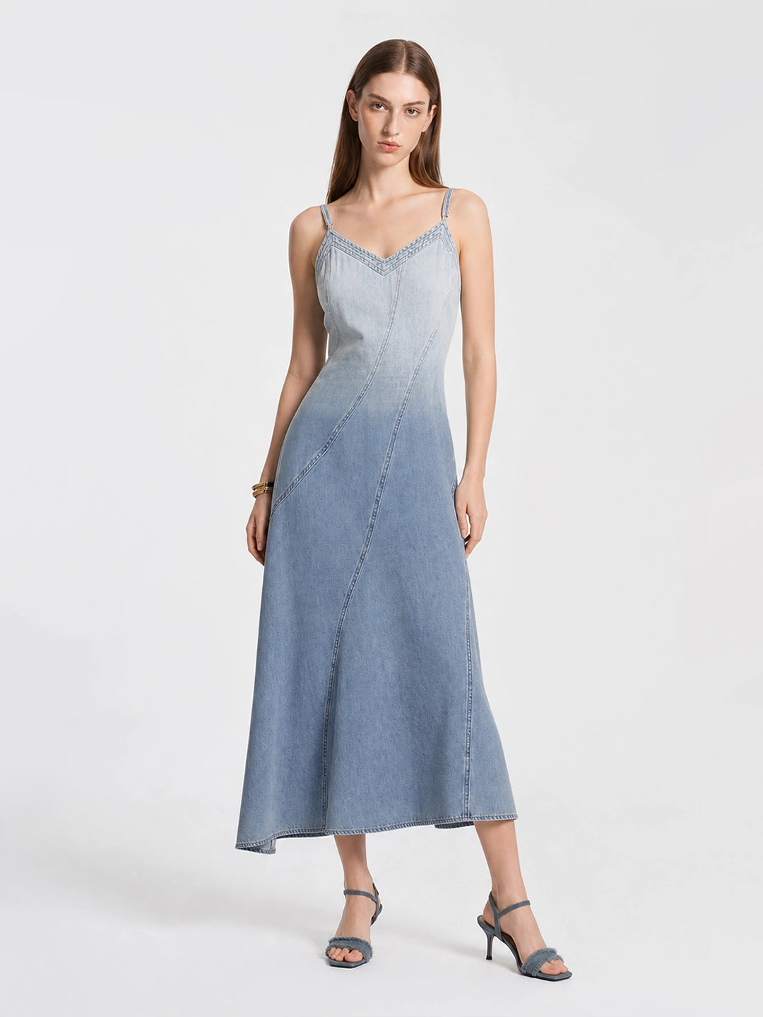 Ombre V-Neck Cami Denim Midi Dress