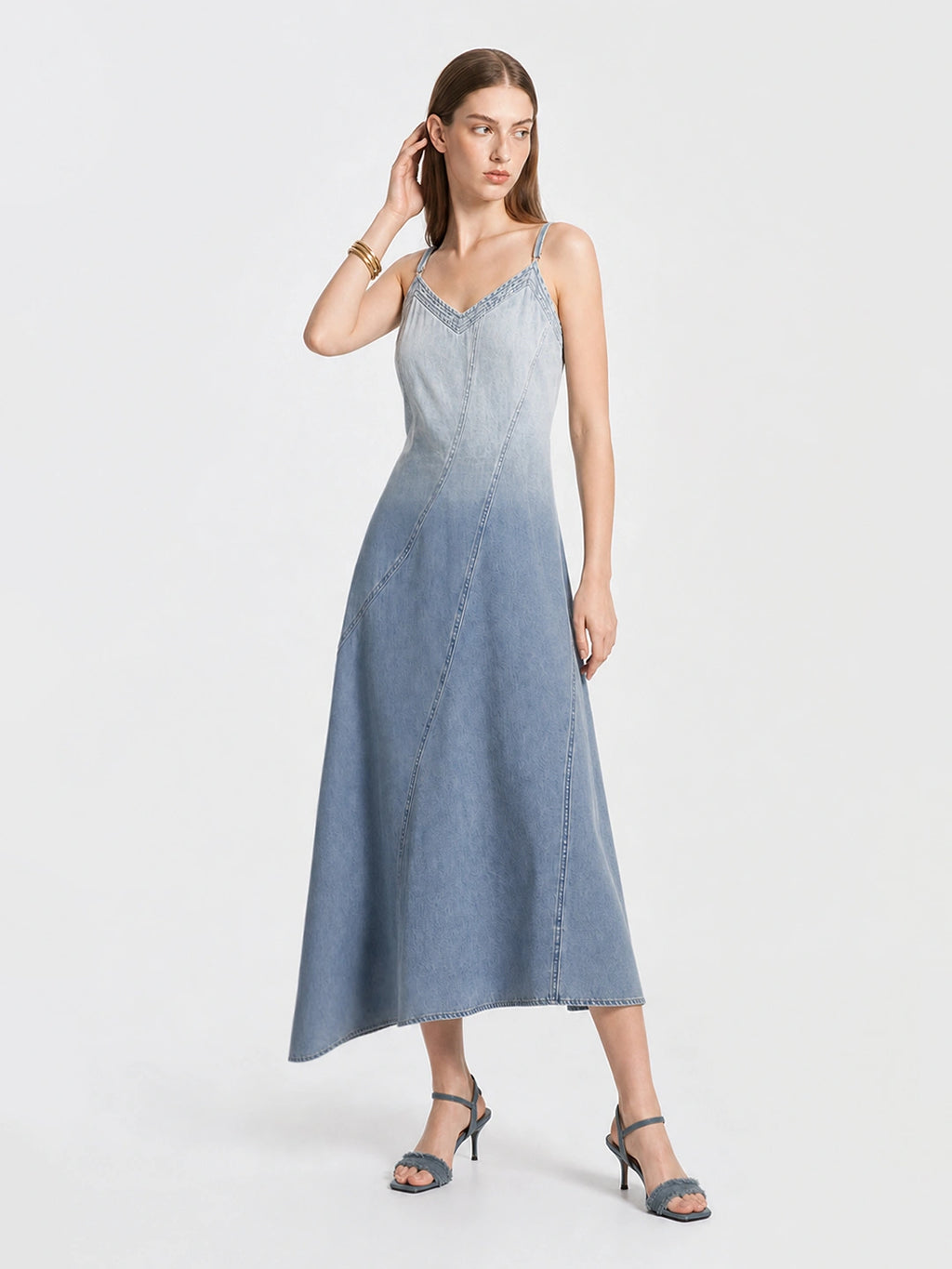 Ombre V-Neck Cami Denim Midi Dress