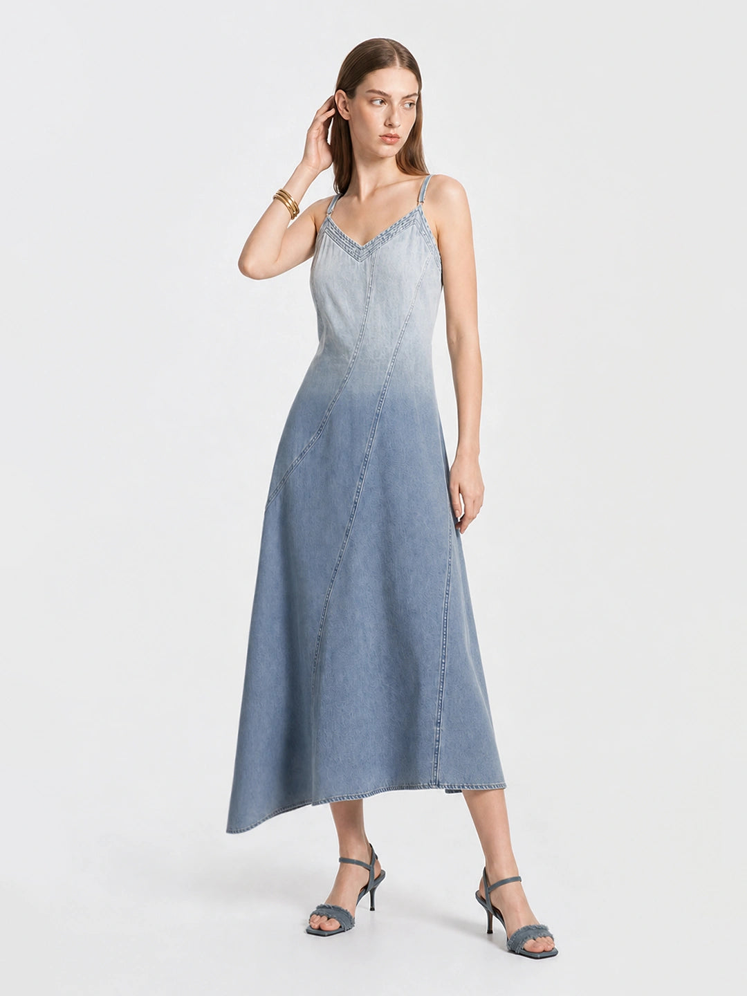 Ombre V-Neck Cami Denim Midi Dress
