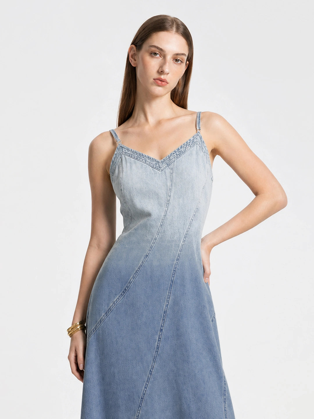 Ombre V-Neck Cami Denim Midi Dress