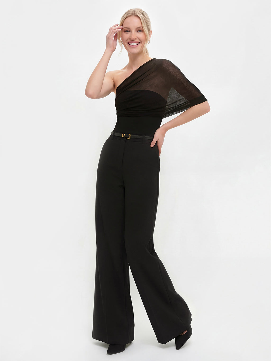 Ruched One Shoulder Transparent Slim Fit Top