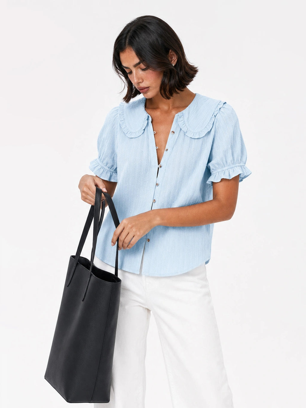 Peter Pan Collar Puff Sleeve Cotton Blouse