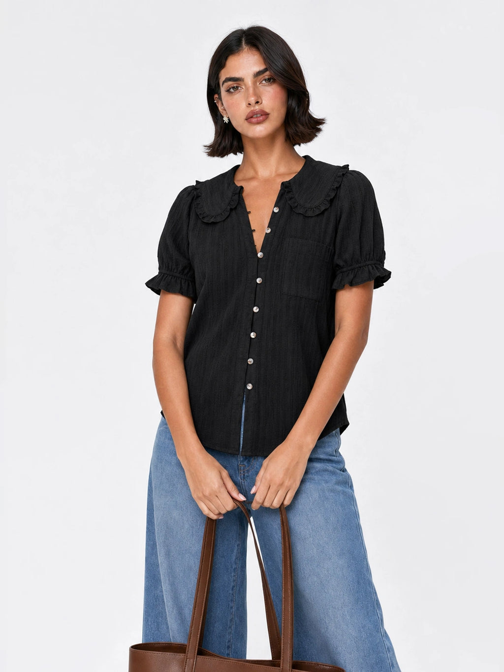 Peter Pan Collar Puff Sleeve Cotton Blouse