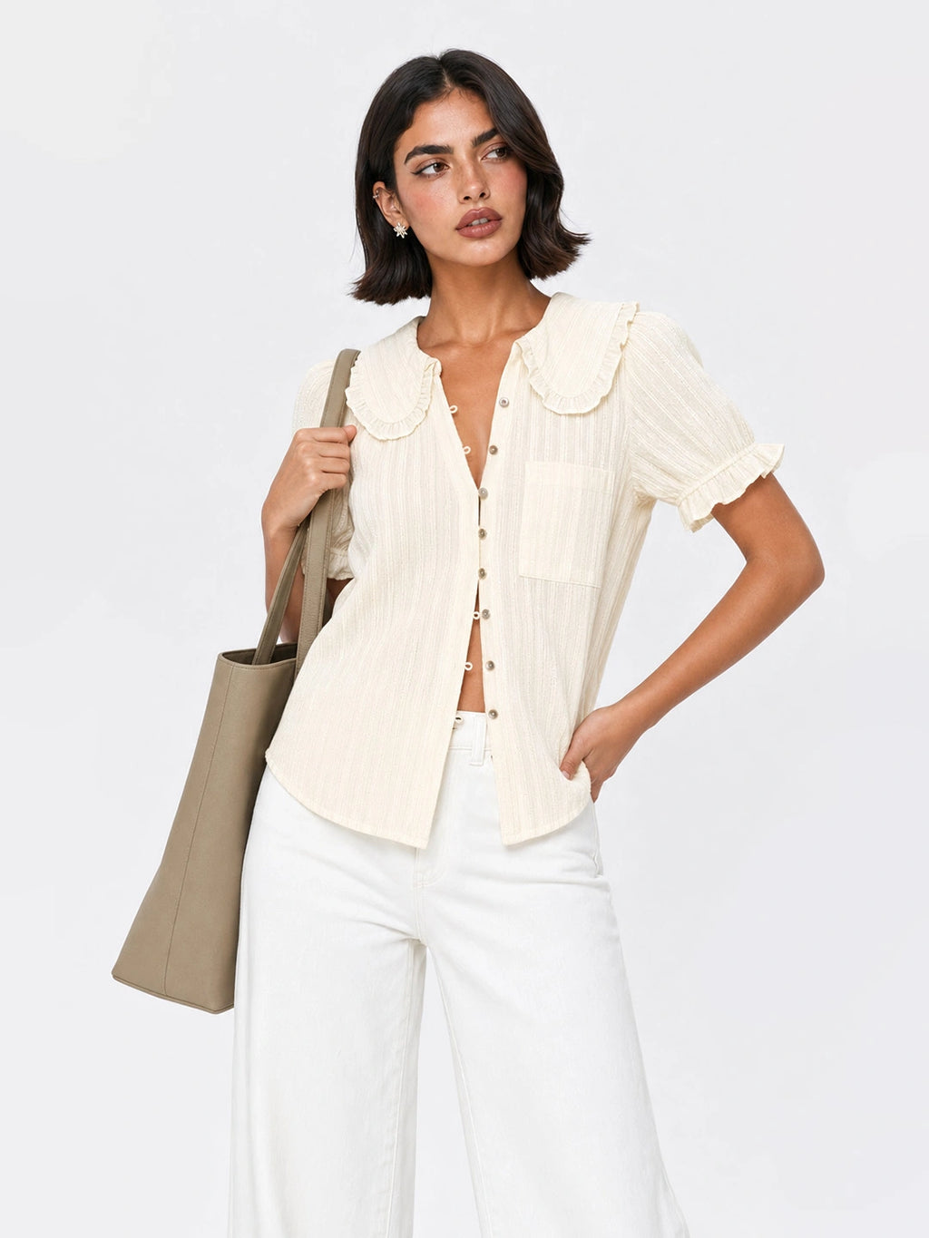 Peter Pan Collar Puff Sleeve Cotton Blouse