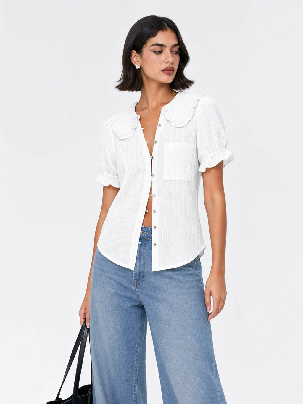 Peter Pan Collar Puff Sleeve Cotton Blouse