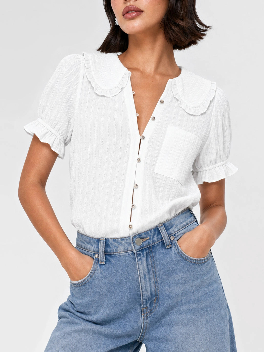 Peter Pan Collar Puff Sleeve Cotton Blouse