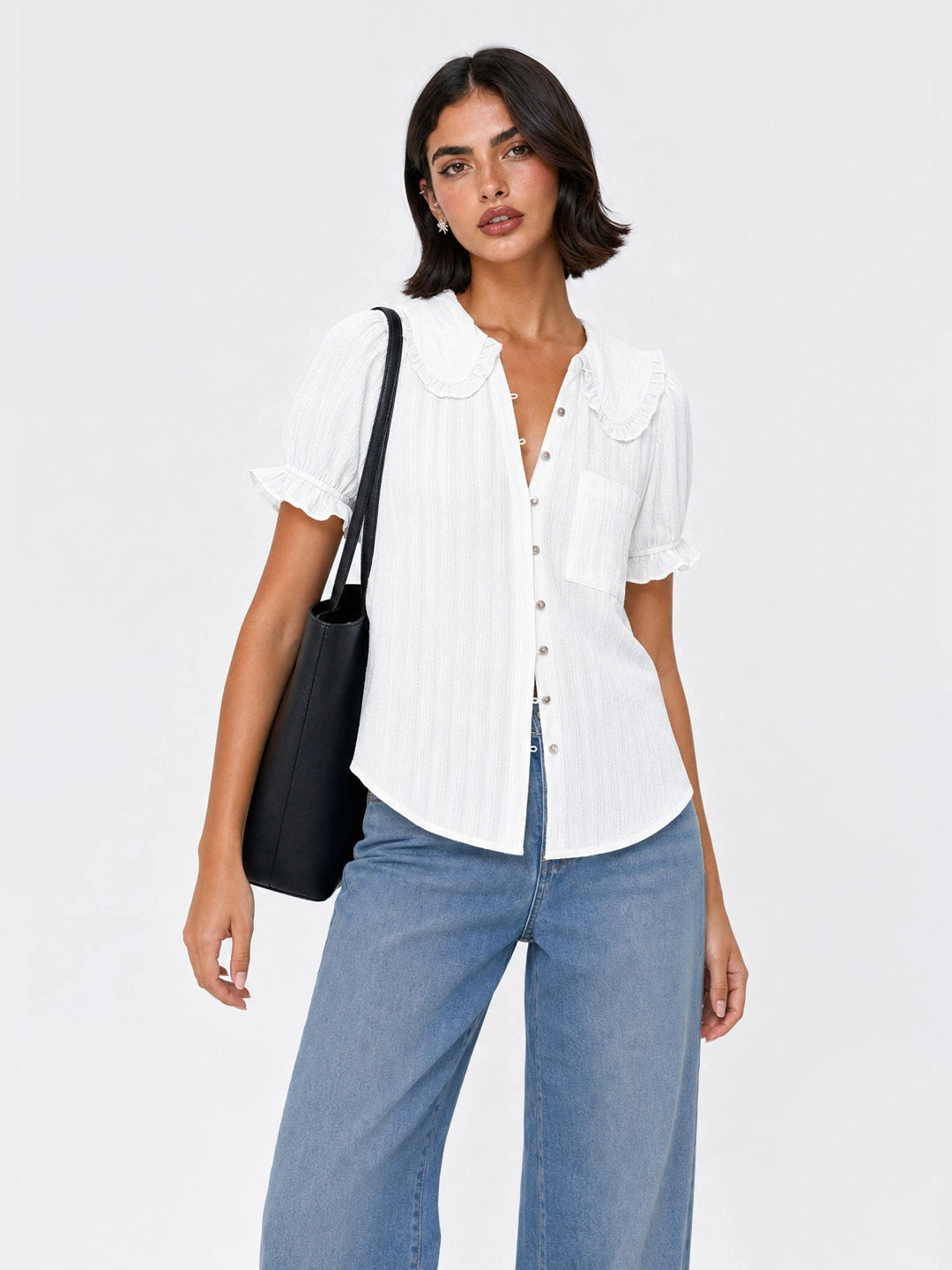 Peter Pan Collar Puff Sleeve Cotton Blouse