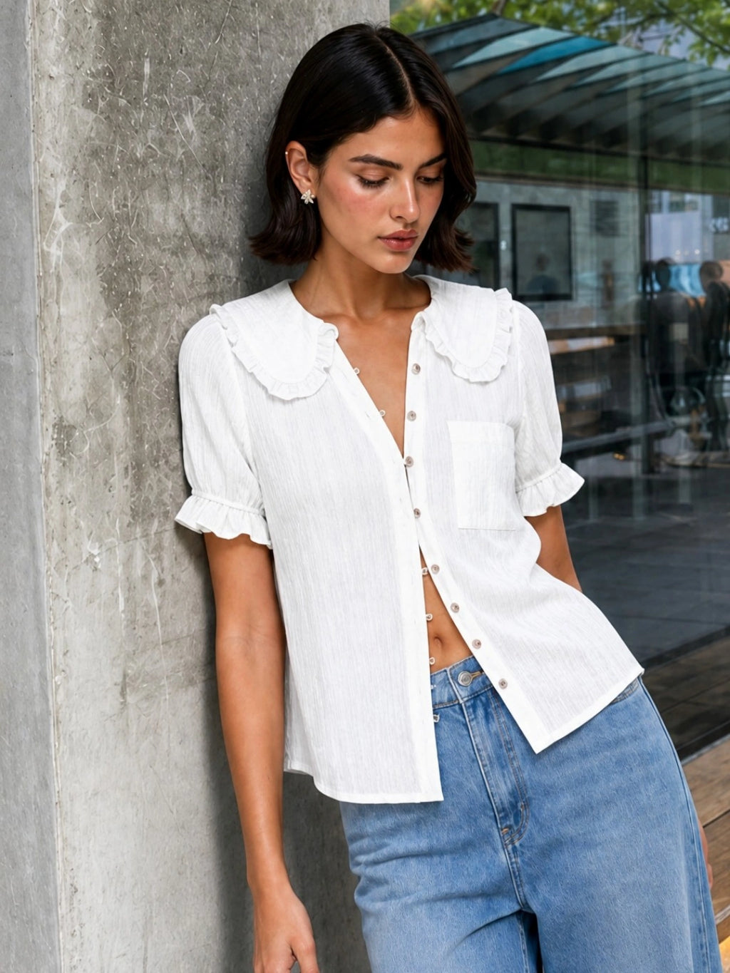 Peter Pan Collar Puff Sleeve Cotton Blouse