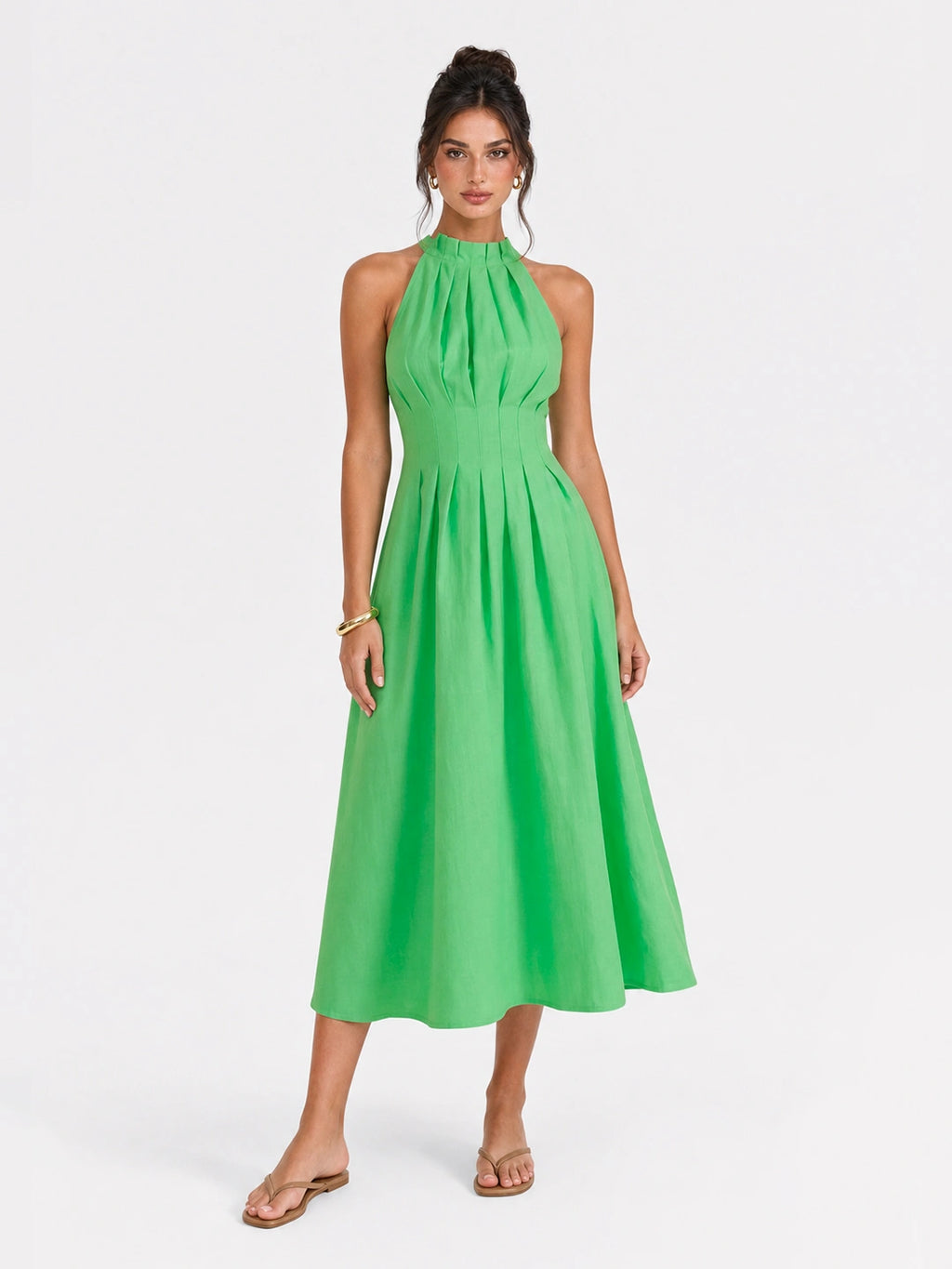 Pleated Halter Tie Back Midi Dress