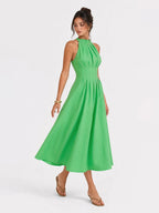 Pleated Halter Tie Back Midi Dress