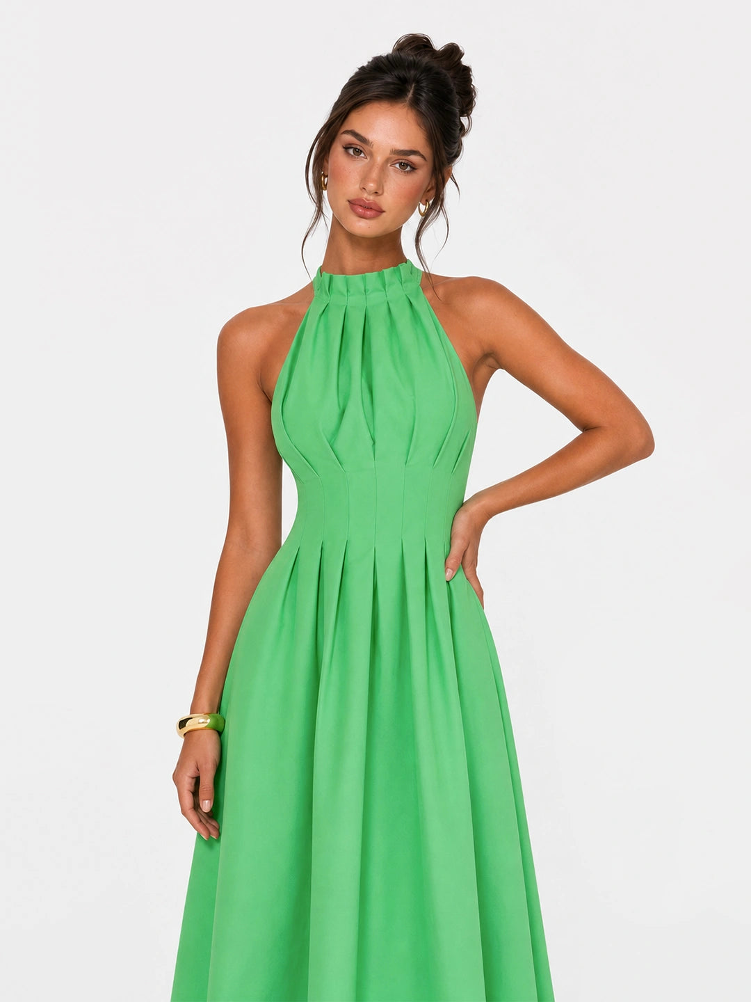 Pleated Halter Tie Back Midi Dress